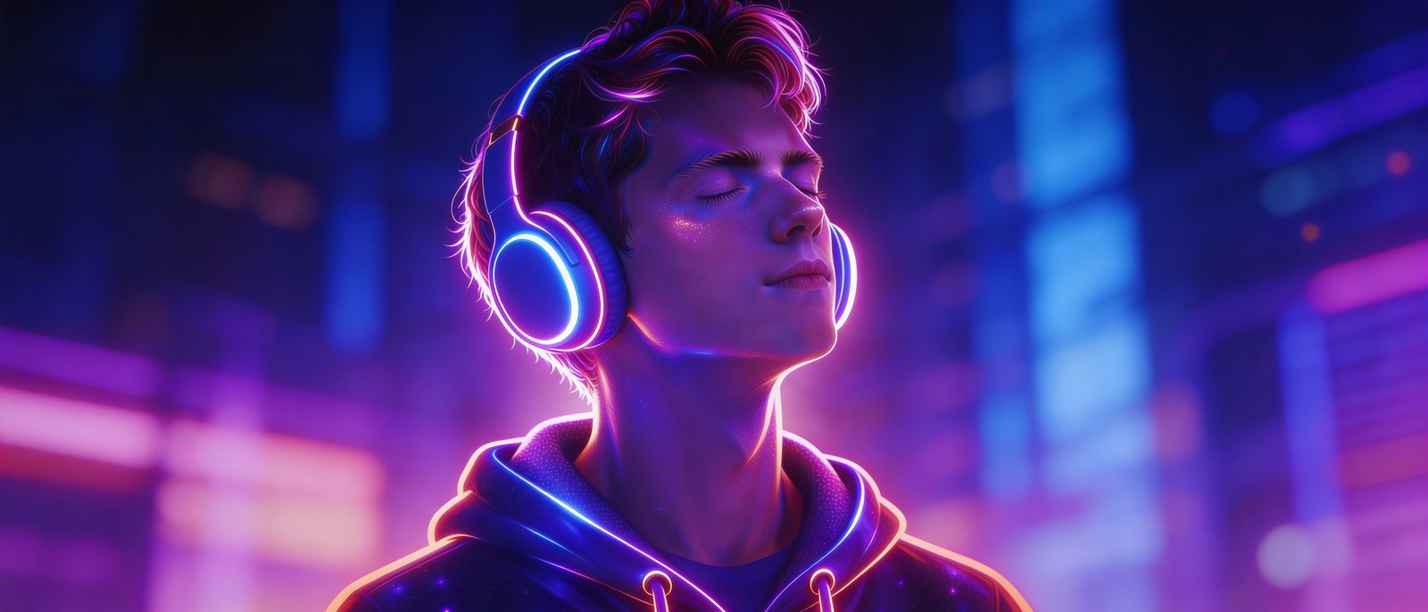 Dylan listening to music on headphones, lost in thought