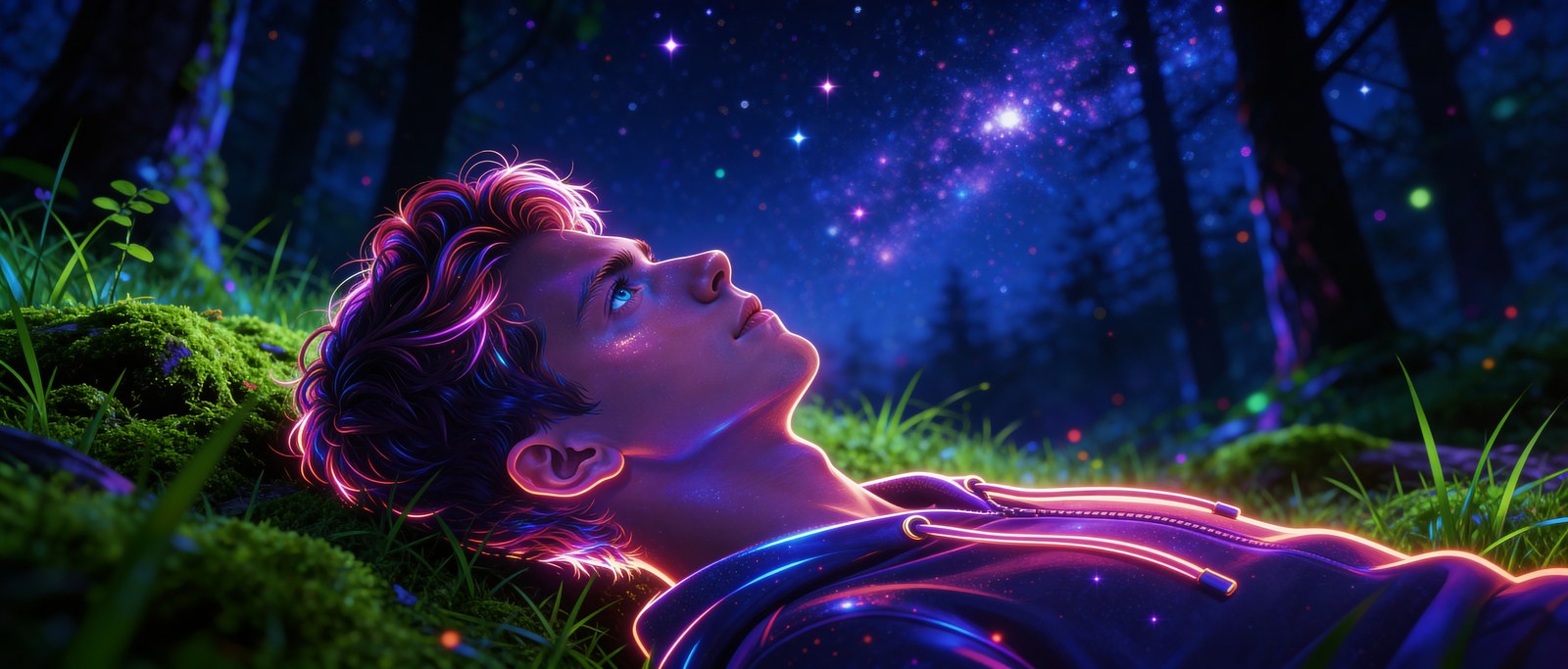 Dylan lying on a forest floor, stargazing