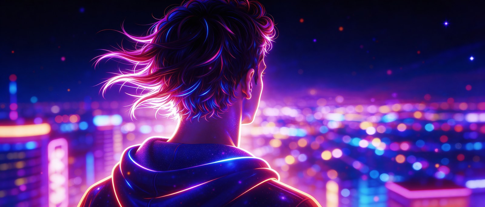 Dylan overlooking a neon-lit city at night